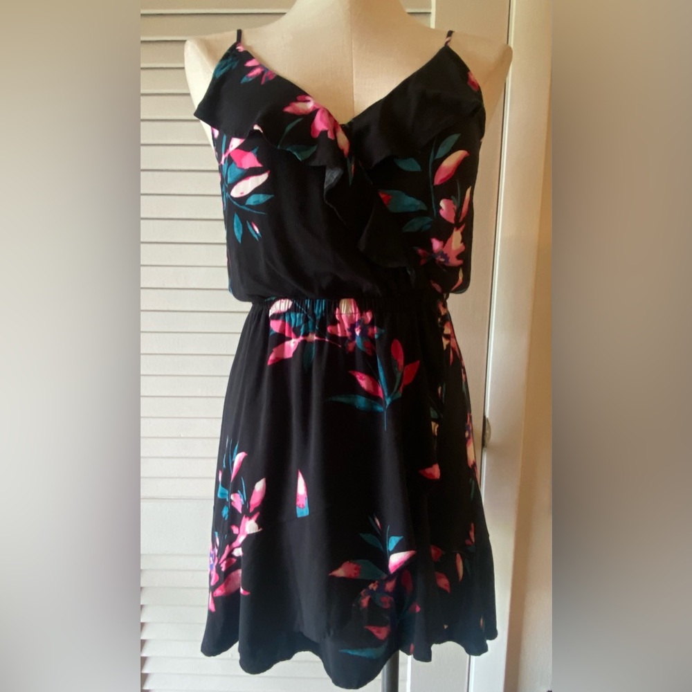 Black Floral “Express” Faux Wrap Dress- Size XS